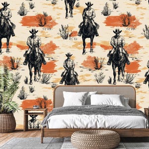 Carta da parati vintage con cowboy a cavallo, murale rustico a tema western, autoadesiva, staccabile e attaccabile, in tessuto non tessuto
