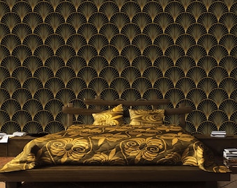 アールデコ調のゴールドファン壁紙：剥がして貼るだけのヴィンテージ壁画