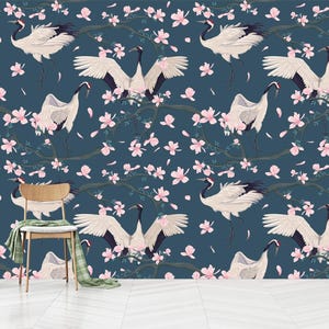 Crane Birds Wallpaper: Vintage Chinese Wall Mural, Self-Adhesive