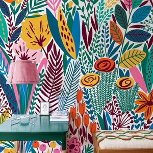 Carta da parati con fiori estivi, design di pareti con fiori colorati, piccolo giardino botanico con fiori, autoadesiva, stacca e attacca, non tessuta