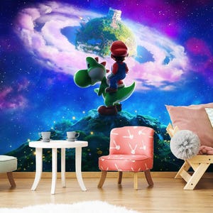 May include: A colourful mural depicting a cartoon character riding a green dinosaur against a galaxy backdrop. The scene includes furniture: a light green chair, a small white table, and a pink chair with a bunny pattern.