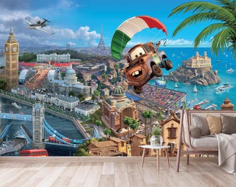 Plakat ścienny Disney Cars Mater, dekoracja pokoju dziecięcego, widok miasta z kreskówkową scenerią