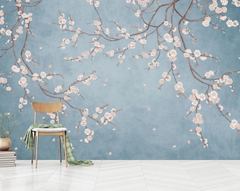 Peel-and-Stick-behang chinoiseriebloesem: muurdecoratie met blauwe bloemen