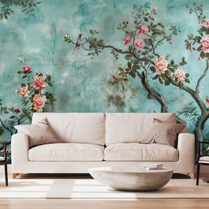 Vintage Chinoiserie Peel and Stick Wallpaper,Teal Floral with Birds,Removable Wall Mural for Elegant Home Decoration,Self Adhesive,Non-Woven