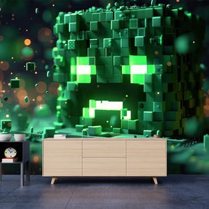 Green Pixel Art Wall Mural,Kids Gaming Room Decor, Video Game Wallpaper for Boys Room,Minecraft Wall Mural,Self Adhesive, Non-Woven