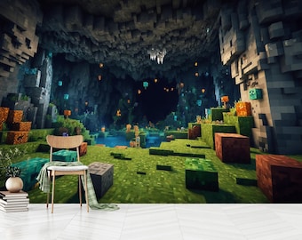 Pixel Landscape Wallpaper,Minecraft Daytime Kids Room Wall Mural,Self Adhesive