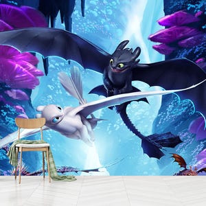 May include: A colourful mural depicting two dragons in flight against a fantasy background. One dragon is black, the other white, with a blue and purple cave setting. A wooden chair and books are in the foreground.