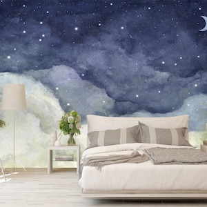 Starry Night Sky Wallpaper: Crescent Moon, Peel and Stick, Non-Woven