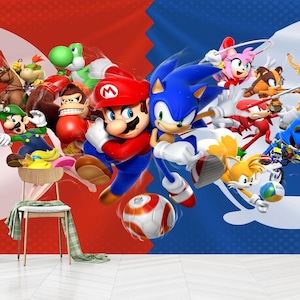 Mario und Sonic Tapete,Mario und Sonic Wanddruck,Gamer Raum Dekor,Kinder Wandkunst,selbstklebend,Peel und Stick,Non Woven