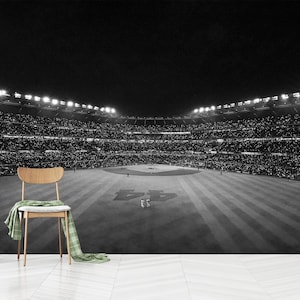 Puede incluir: Imagen en blanco y negro de un estadio de béisbol iluminado, lleno de espectadores. Una silla de madera con una manta verde y una pila de libros con una planta están en primer plano.