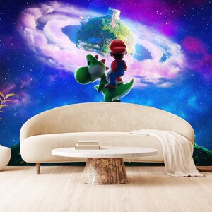 May include: An interior scene with a beige sofa, a round coffee table, and a white vase with a gold-coloured plant. The backdrop is a vibrant mural of Mario riding Yoshi in a space-themed setting.