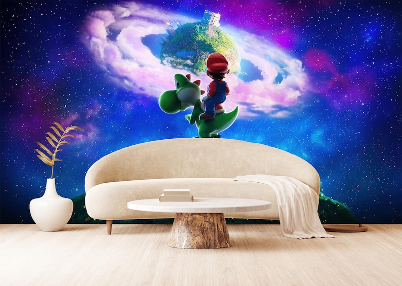 May include: An interior scene with a beige sofa, a round coffee table, and a white vase with a gold-coloured plant. The backdrop is a vibrant mural of Mario riding Yoshi in a space-themed setting.