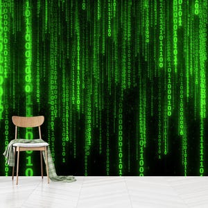 Könnte beinhalten: Ein digitaler Kunstdruck mit einem grünen Matrix-Code-Muster auf schwarzem Hintergrund. Der Code scheint auf dem Bildschirm nach unten zu fallen und erzeugt so ein Gefühl von Bewegung und Energie.