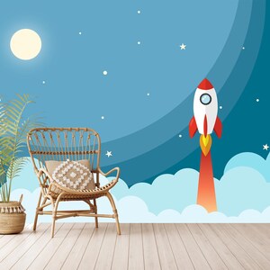 Carta da parati Space Adventure per la cameretta dei bambini, tema razzo, stelle e luna, decorazione da parete per la cameretta dei bambini, autoadesiva, stacca e attacca, tessuto non tessuto