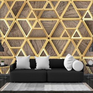 3D Gold Geometric Wood Wallpaper: Peel and Stick, Non-Woven