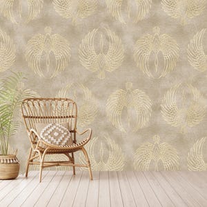 Gold Crane Wallpaper: Japanese Oriental Peel and Stick Wall Decor