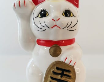Vintage Japanische Maneki Neko Glückskatze Figur Handbemalt H14cm
