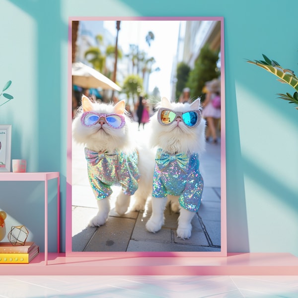 Cute Glamorous Cats (Set 2) - Sprinkle Prints - Iridescent Digital Prints Wall Art, Printable Digital Poster, Easy Download Wall Art Prints