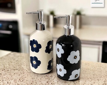 Cute Ceramic Flower Soap Dispenser, Kitchen Liquid Hand Pump Bottle, White Flower Pattern Bathroom Accessory, Black Plant Shower Gel Bottle