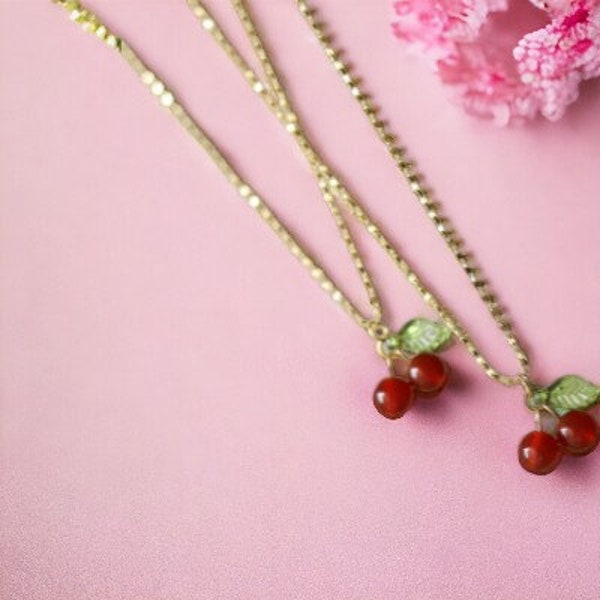 Cute Cherry Pendant Necklace, Dainty Cherries Necklace, Gold Cherry Necklace, Carnelian Cherry Necklace, Gold Necklace, Gift for Her