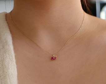 Collier minimaliste cerise rose, collier cerise mignon, collier en or cerises délicates, collier en argent sterling 925, collier pour la Saint-Valentin