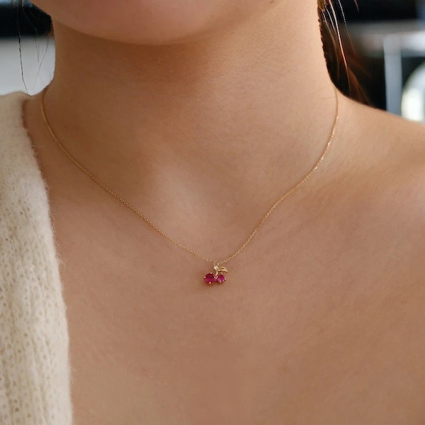 Minimalist Rose Pink Cherry Necklace, Cute Cherry Necklace, Dainty Cherries Gold Necklace, 925 Sterling Silver Necklace, Valentines Necklace