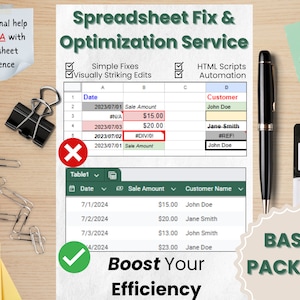 Custom Spreadsheet Optimization Service | Free Consultation | Fix Errors, Clean Data, Create Templates, Automate Tasks | BASIC Package