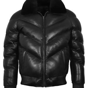 Giacca da uomo in pelle imbottita Ace, giacca bomber calda in pelle di pecora nera con colletto morbido