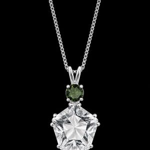 Clear Quartz with Moldavite Necklace: Sterling Silver Star of Venus Cut