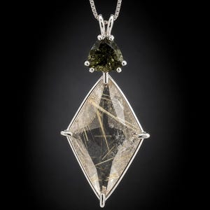One of the highest Vibrational stones: Rutilated Quartz with Moldavite Crystal Necklace in Ascension Star Cut!