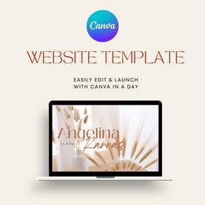 May include: A laptop screen mockup showing a website template with a light brown background and a vase of dried wheat. The website header text is "Angelina Larras" with the subtitle "SUBTITLE".