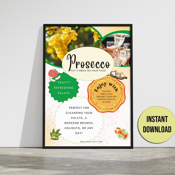 Printable Wine Poster, Italian Wine Poster, Wall Art, Downloadable Wall Print, Wine Gift, Home Decor, Wine Print, Wine Guide, Prosecco