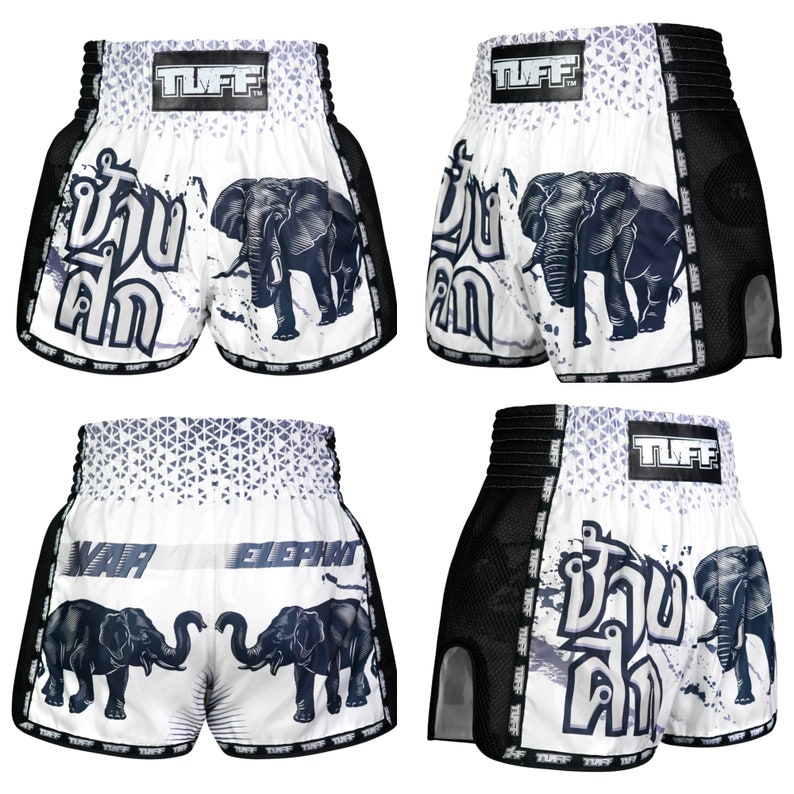 Indian Elephant Black Grey And White Print Pattern Muay Thai Boxing Shorts