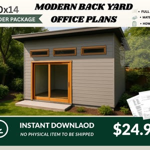 Può includere: Un piano di costruzione per ufficio da giardino moderno 10x14 con rivestimento orizzontale grigio, tetto piano, tre finestre rettangolari a nastro e una grande porta scorrevole in legno. Include piano completo, lista materiali e guida.