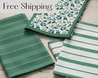 Grünes botanisches Küchenhandtuch-Set, Aquarell-Blatt-Geschirrtücher, grün-weißes Landhausdekor, moderne florale Handtücher, Cottagecore-Streifen-Geschenksets