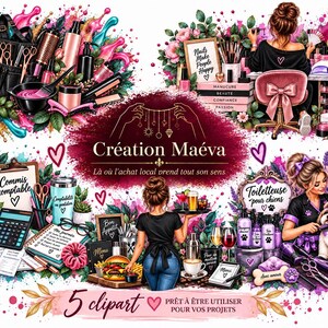 May include: A digital illustration set featuring five distinct scenes: a hair salon collection with tools, a nail technician workspace, an accounting desk with office supplies, a server holding a tray of food, and a dog groomer with two dogs.