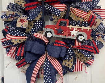 Patriotic Red Truck Wreath: 4th of July Door Decor