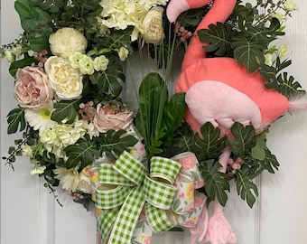 Flamingo Kranz - Extra Großer Sommer Küsten Dekor - tropischer Türkranz - Pinker Flamingo