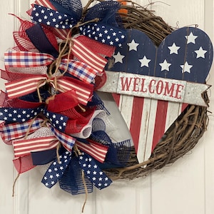Patriotic Grapevine Wreath: 4th of July, Memorial Day, Heart Welcome Sign