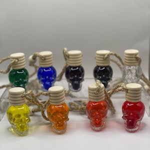 May include: A collection of nine small glass skull-shaped bottles filled with various colored liquids, including yellow, orange, red, green, blue, dark blue, black, and clear. Each bottle features a light-colored wooden cap and a hanging cord.