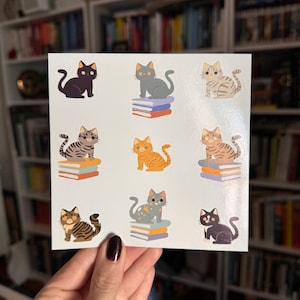 Feuille d'autocollants pour chats et livres || Autocollants de papeterie brillants pour journal || Cadeaux personne chat rat de bibliothèque