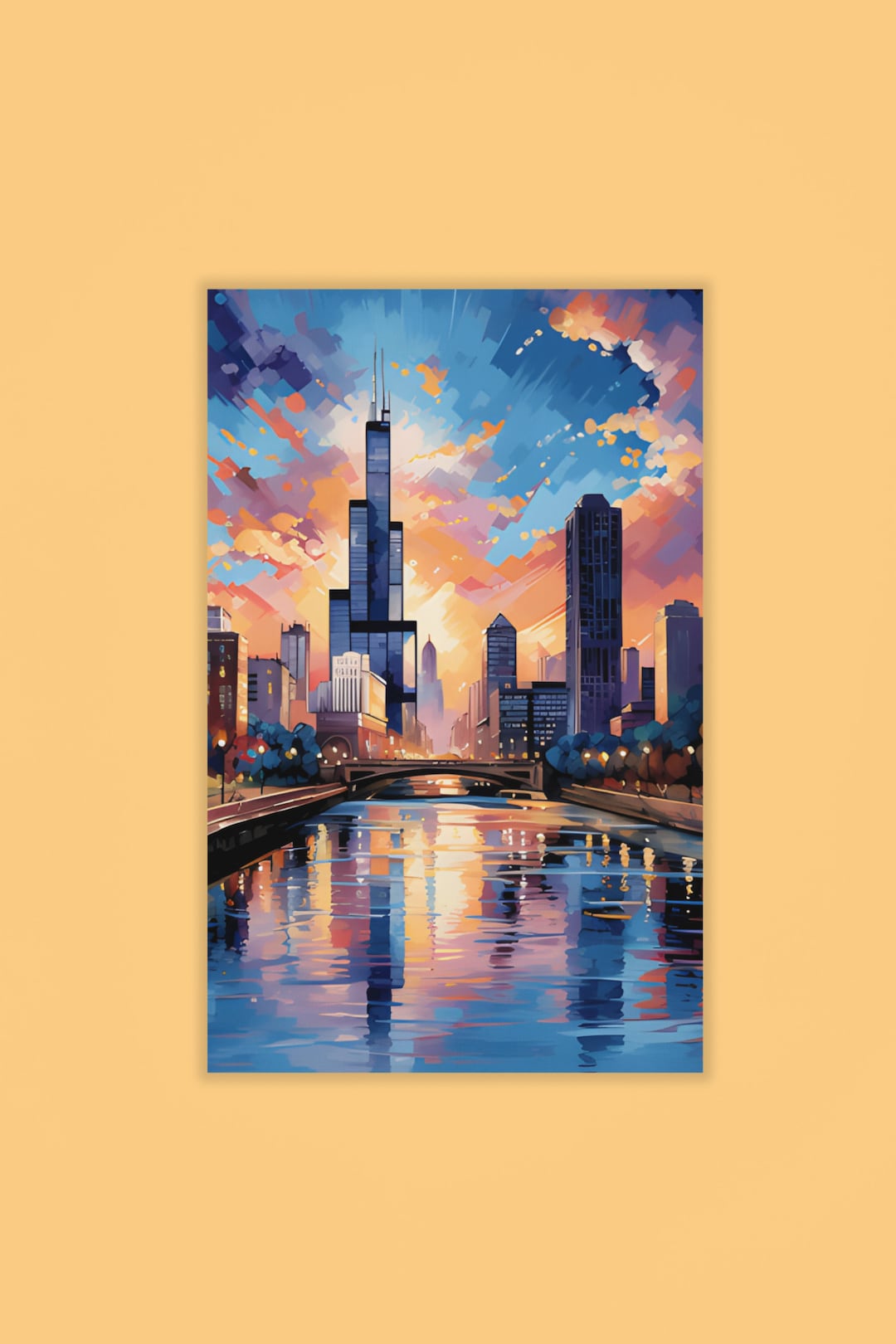 Modern Chicago Skyline Painting Large Canvas Wall Art Etsy