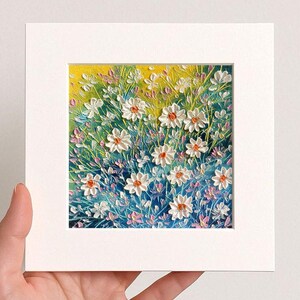 Small floral White Daisy Oil pastel painting framed 10x10 in Original flower Handmade Still life painting Bouquet painting, 3D Texture