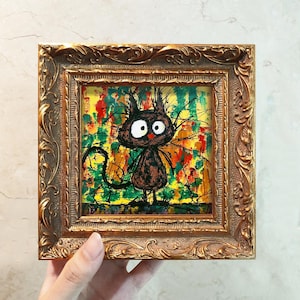 Small Cute Green Black Shocked Cat Painting, Oil Pastel Painting 10x10, Original Handmade Framed Pet Art, 3D Texture