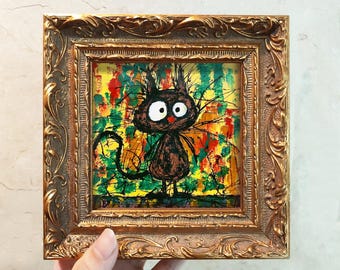 Small Cute Green Black Shocked Cat Painting, Oil Pastel Painting 10x10, Original Handmade Framed Pet Art, 3D Texture