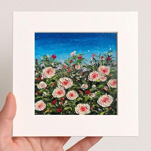 Small Floral Pink Peony Oil pastel painting framed 10x10 in Original flower Handmade Still life painting Bouquet painting, 3D Texture