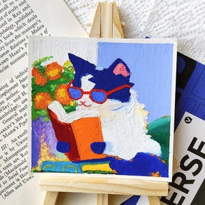 Small Cat Painting, Reading Book with Glasses, Oil Pastel Painting 10x10, Original Handmade Framed Pet Art, 3D Texture