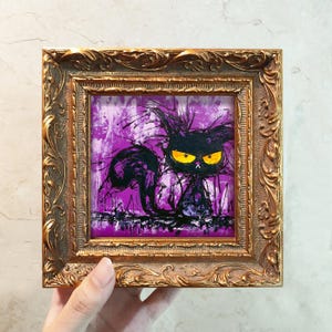 Small Cute Purple Black Cranky Cat Painting, Oil Pastel Painting 10x10, Original Handmade Framed Pet Art, 3D Texture