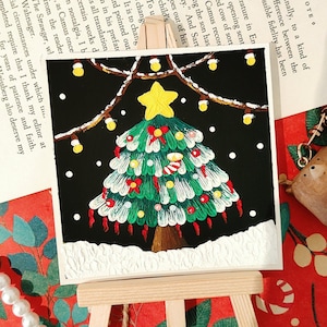 Small Modern Christmas Tree Painting - Original Art, Christmas Painting, Small Square Wall Art for Living Room, Unique Gift