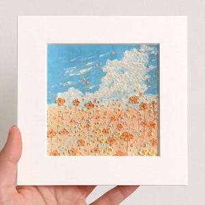 Small Floral Cloud Pink Flower Oil pastel painting framed 10x10 in Original flower Handmade Still life painting Bouquet painting, 3D Texture